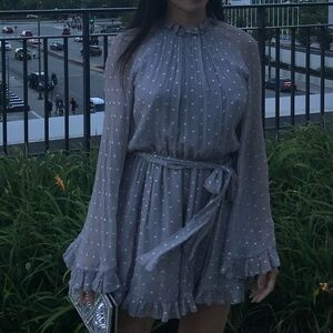 Zimmermann Gray Purple Polka Dot Chiffon Romper Shorts Bell Sleeves Open Back